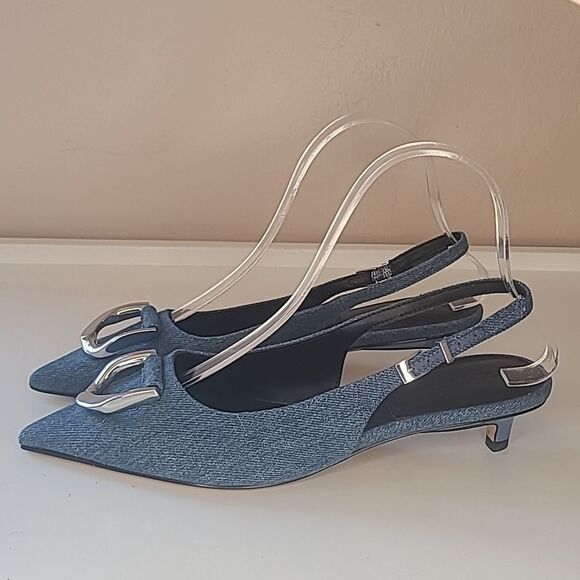 Charles & Keith Gabine Slingback Blue Denim Kitten Heel Silver Decor EU 36 - Picture 2 of 16